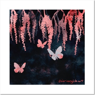 Wisteria and Butterflies Negative Painting Pink and Black Posters and Art